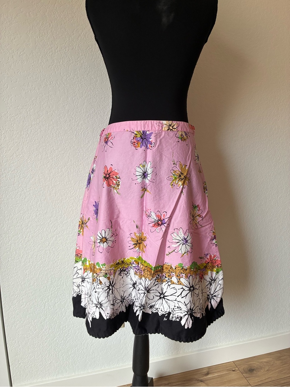 elevenses Pink Floral Midi Skirt with Black & White Border